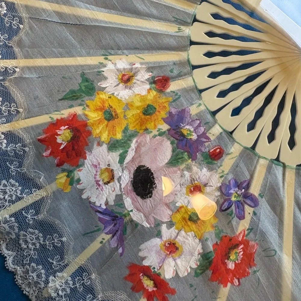 Ornate Victorian Hand Painted Fan In Frame Bubble French Shadow Box Brass Wall